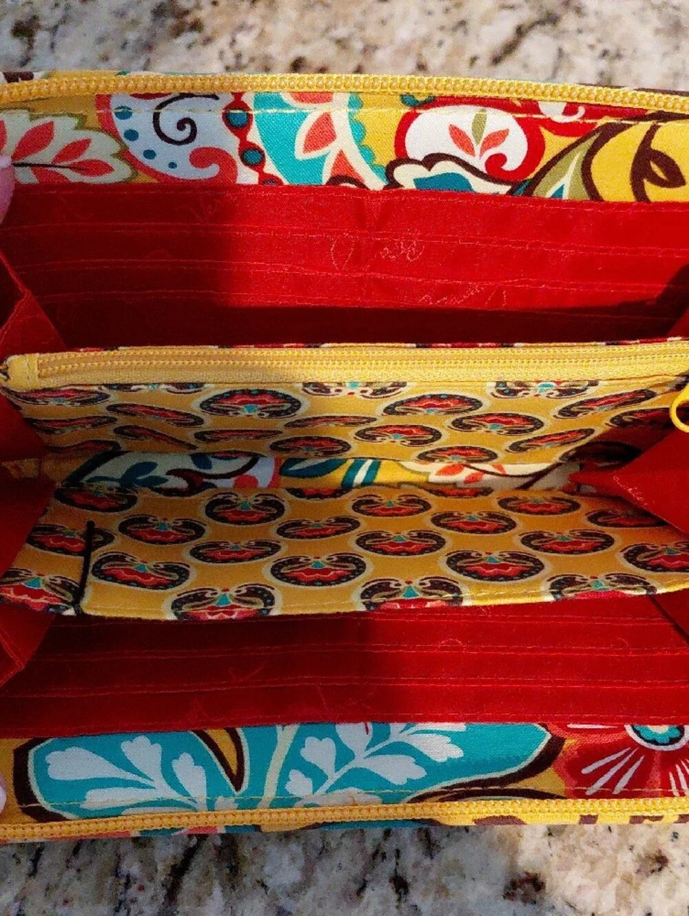 Vera Bradley Yellow Quilted Floral Zip Wallet with Teal & Red Accents